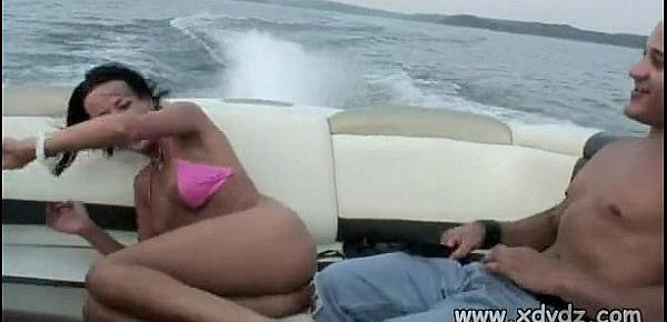  Guys In Party Mood Take Lovely Brunette In Bikini On A Boat Trip